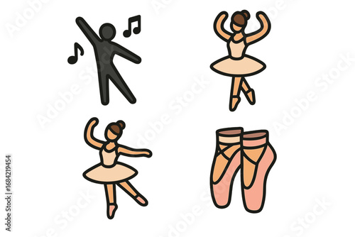 Vector cartoon illustrations set of dancers and ballet shoes with transparent background, featuring ballet ballerinas and a music dancer silhouette for artistic and performing arts designs