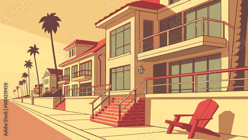 Coastal Houses Palm Trees Summer Vacation Beachfront Property Summer Scene Illustration Architecture Design Vacation Home Holiday Travel Relaxing Calm Serene Peaceful Tranquil Idyllic Seaside Waterfr.