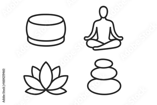 Meditation and mindfulness icon set. Vector line art symbols of person in lotus pose, zen stones, lotus flower, and cushion for yoga, spa, wellness, and spiritual balance.