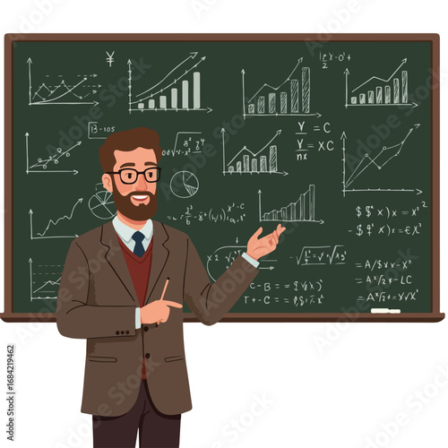 Teacher at blackboard with math equations and graphs