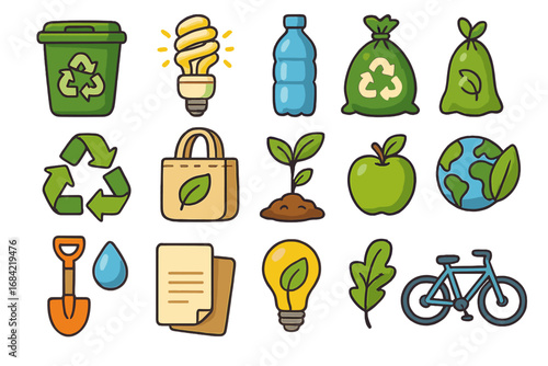Vector cartoon icon set for sustainability and recycling. Eco friendly concept with green energy, zero waste, and conservation symbols. Ecology, planet care, go green, climate change.