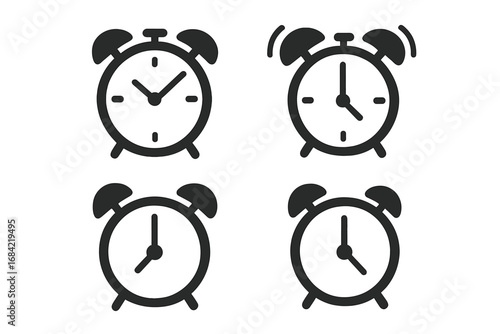 Alarm clock icon set. Minimalist vector symbols for time management, reminder, and wake up alert. Ringing bell clock for deadline and schedule concepts. Flat design pictogram.