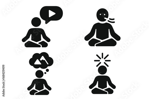 Meditation techniques solid icon set. Glyph pictograms of guided meditation, breathing exercise, visualization, mindfulness. Yoga practice for mental health, calm, and relaxation.