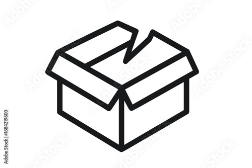 Broken box outline icon. Damaged, open cardboard package symbol for fragile shipping, delivery problems, e-commerce returns. Empty container for moving, storage. Logistics vector.