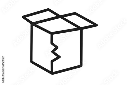 Broken box outline icon. Damaged package symbol. Fragile cargo concept. Open, empty container with crack. Shipping problem, delivery issue vector illustration for web design.