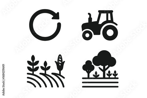 Sustainable Farming Icons Set, Solid Filled Vector Symbols of Sustainable Land Management, Crop Rotation, Green Tractor, Agroforestry, Eco-friendly Agriculture and Rural Landscape
