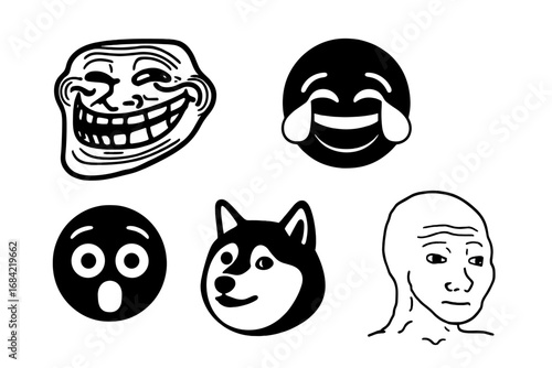 Meme icon collection. Vector set of popular internet culture symbols. Troll face, crying laughing emoji, shocked reaction, doge head, and wojak feels guy character faces.