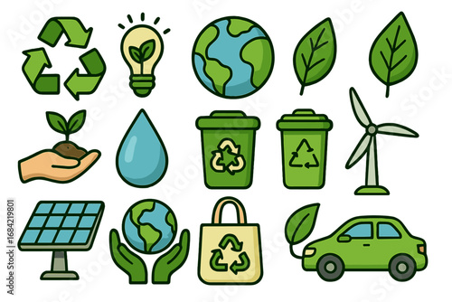 Eco friendly icon set for sustainability and conservation. Green energy and ecology concepts. Vector illustration of renewable power, recycling symbol, planet earth, and nature.