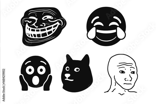 Meme icon collection. Internet culture character set. Vector illustration of troll face, crying laughing emoji, shocked reaction, doge head, and wojak. Social media humor.