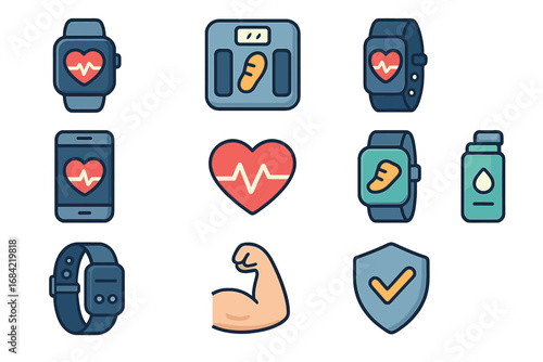 Fitness and health tracking icon set with smart wearable technology. Vector illustration of a smartwatch, heart rate monitor, scale, and gym activity for mobile apps and web.