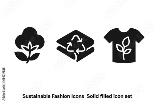 Sustainable fashion icons set featuring solid filled organic cotton, recycled fabric, and plant-based textile symbols in vector style on transparent background