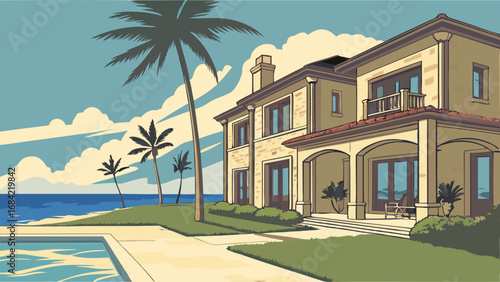 Coastal Luxury Home with Pool and Palm Trees Ocean View Illustration.