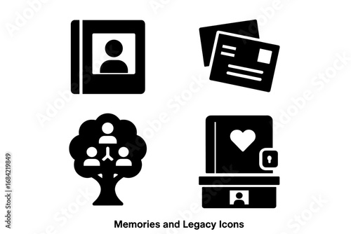 Memories and legacy solid icon set. Family history and genealogy concept. Photo album, old letters, family tree, diary with lock, and memory box vector glyph collection.