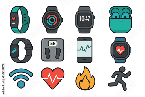 Fitness and smart wearable technology icon set. Vector flat design illustration for health tracking. Smartwatch, activity tracker, sport gadgets, heart rate, calories icon.