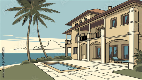 Coastal luxury villa with pool and ocean view tropical design illustration summer vacation home real estate postcard architectural drawing beachfront property idyllic seaside residence tranquil holid.