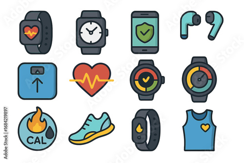 Fitness and wearable smart technology icon set. Health tracking gadgets, sport watch, heart rate monitor, scale and calorie counter. Vector flat design cartoon illustration.