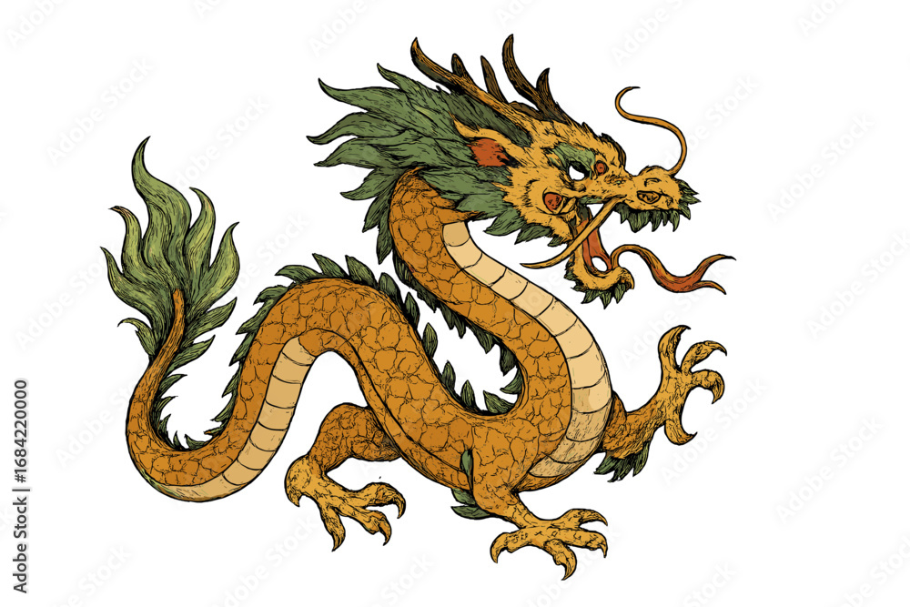 Obraz premium Traditional Chinese dragon vector illustration. Asian fantasy mythological creature. Golden Japan oriental legend mascot. Engraving style vintage art for tattoo, print, logo.