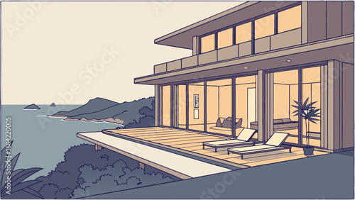 Coastal Modern House Illustration Ocean View Deck Luxury Home Design Minimalist Architecture Tranquil Seaside Property Sun Loungers Large Windows Interior View Sunset Hues Stylish Home Exterior Sea B.