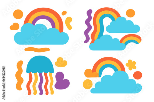Set of colorful abstract vector shapes. Cartoon rainbow, cloud, and jellyfish illustration collection. Modern paper cut style elements for kids decor, isolated on white background.