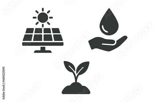 Sustainable Icons Grid Solid Filled Icon Set of Solar Panel Energy, Water Conservation, Organic Farming Practices, Eco-Friendly Green Agriculture Vector Illustration