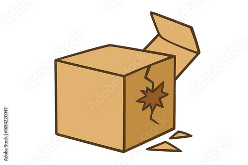 Broken box vector illustration. Damaged package icon. Fragile shipping problem. Carton parcel with a hole. Delivery issue concept. Mishandled goods symbol for bad service or returns.