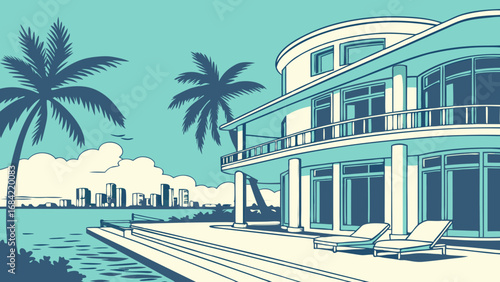Coastal Modern House with Pool and Palm Trees Ocean View Illustration.