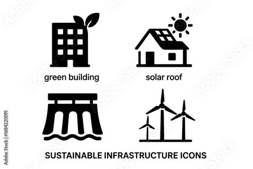 Sustainable Infrastructure Icons Set with Green Building, Solar Roof, Hydroelectric Dam, and Wind Turbines, Eco-Friendly Energy and Environmental Conservation Vector Illustration