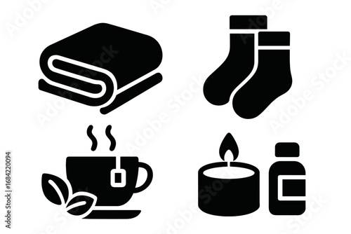 Hygge lifestyle solid glyph icon set. Relaxation, comfort and self care symbols. Cozy blanket, warm socks, herbal tea, scented candle and essential oil. Vector icons.