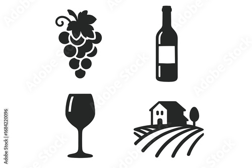 Wine and Winery Silhouette Icon Set with Grapes, Bottle, Glass, Vineyard, Elegant Black Vector Graphics for Wine, Vineyard, Winery, Alcohol, Beverage Themes