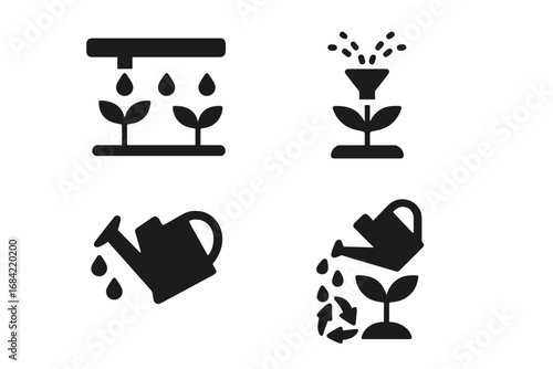Sustainable Irrigation Icons Solid Filled Vector Set of Eco-Friendly Drip Pipe, Sprinkler Head, Watering Can, Efficient Watering Symbols for Gardening and Farming