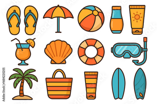 Summer beach icon set. Vacation & travel elements. Cartoon vector pack with flip-flops, umbrella, ball, sunscreen, palm, cocktail & surfboard. Holiday fun & relaxation concept.