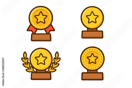 Gold award trophy cup set with star. Winner prize icons. Golden leadership achievement symbol. Victory celebration, first place champion sign. Vector cartoon illustration collection.