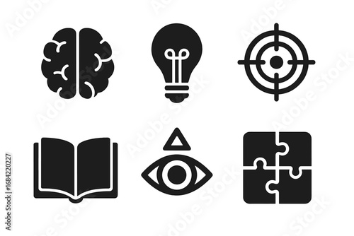 Mental focus and clarity solid icon set. Glyph icons for concentration, mindfulness, and productivity. Brain, idea lightbulb, target, book, third eye, puzzle vector symbols.
