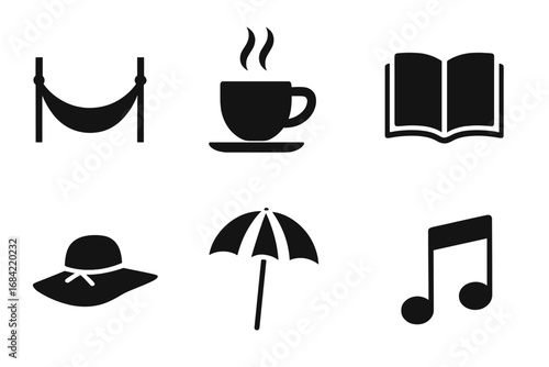 Relaxation and leisure icon set. Solid glyph symbols for vacation, hobbies, and free time. Includes hammock, coffee, book, music, sun hat, and beach umbrella vector.
