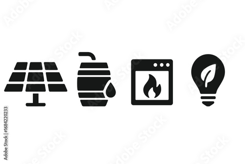 Sustainable Living Icons Solid Filled Vector Set Featuring Solar Panel, Water Barrel, Eco Stove, Energy Saving Light Bulb for Green Eco-Friendly Lifestyle Design