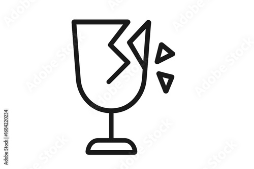 Broken glass icon. Fragile packaging symbol. Handle with care warning sign. Shattered wineglass line art. Breakable cargo pictogram. Fragility, damage, accident concept.