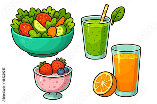 Set of healthy food and drinks. Fresh vegetable salad, green smoothie, orange juice, and berry yogurt dessert. Vector cartoon illustration for diet, nutrition, and wellness concepts.