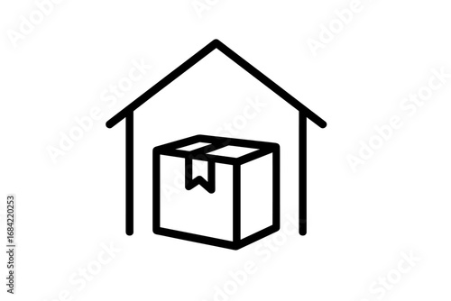 Warehouse storage icon with package. Home delivery concept. Logistics and shipping symbol. Stock inventory, order fulfillment pictogram. Minimalistic thin outline vector illustration.