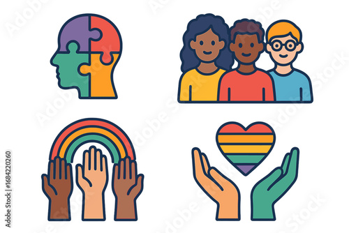 Diversity and inclusion icon set. Vector concepts of community, teamwork, unity, and support. Icons for mental health, neurodiversity, racial equality, and LGBTQ pride month.