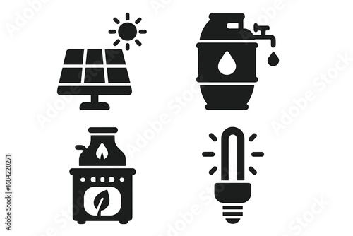 Sustainable Living Icons Set, Solid Filled Vector Graphics of Solar Panel, Water Conservation Barrel, Eco Stove with Leaf Flame, Low-Energy Light Bulb for Eco-Friendly Lifestyle Design