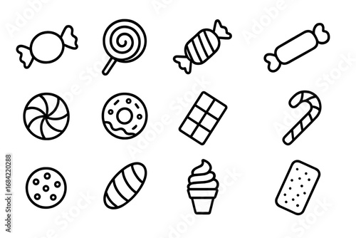 Candy and sweets line icon set. Simple vector collection of dessert symbols. Lollipop, chocolate bar, candy cane, donut, ice cream, cookie and bonbon outline pictograms.