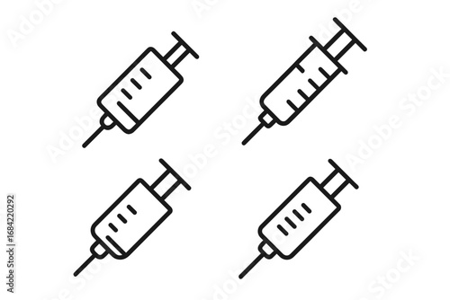 Syringe injection and vaccine icon set. Medical dose concept for immunization. Health care, medicine, and vaccination symbol. Minimalist vector line pictogram for web design.