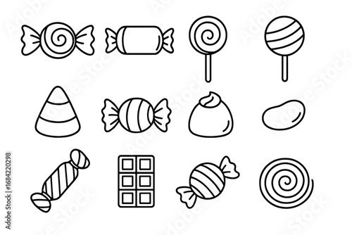 Candy and sweets line icon set. Vector collection of various confectioneries like lollipops, chocolate bar, jelly beans, and bonbons. Simple editable stroke outline illustrations.