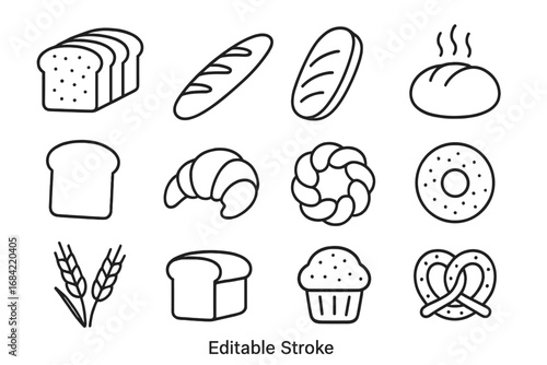 Bakery and bread thin line icon set. Vector illustration of loaf, baguette, croissant, pretzel, muffin. Food symbols for baking and pastry shop. Editable stroke pictogram collection.