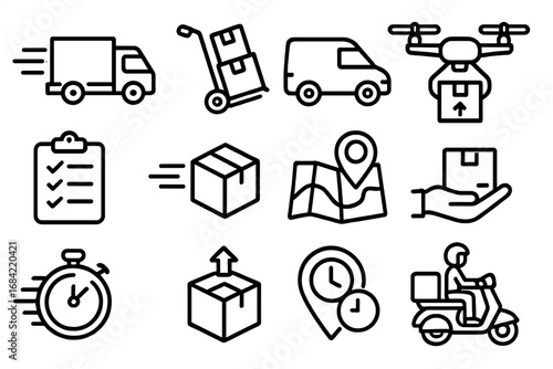Delivery and shipping service icon set. Logistics, transport, and fast courier concepts. Vector outline icons for express package delivery, order tracking, and e-commerce.