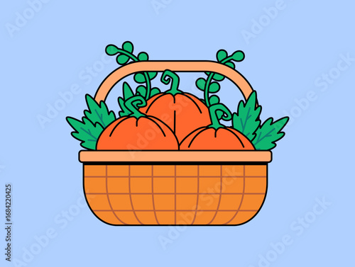 Hand drawn vector illustration of three pumpkins in a woven basket with green leaves on a blue background. Cute cartoon style design perfect for autumn, harvest, thanksgiving and seasonal food concept