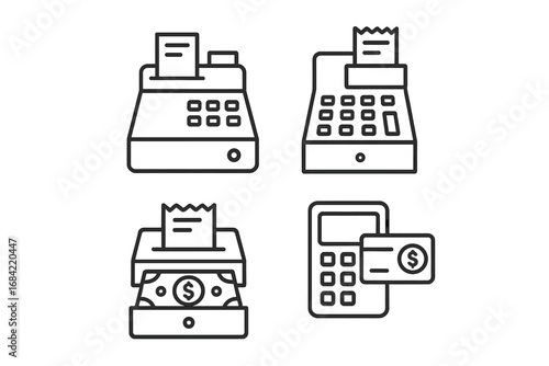 Payment and transaction line icon set. Cash register, POS terminal, money, and credit card symbols. Minimalistic linear pictogram for retail business and e-commerce. Editable stroke.