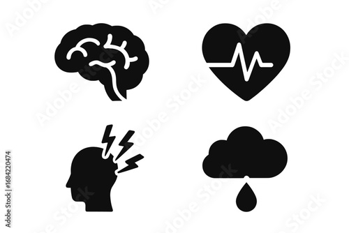 Mental health solid glyph icon set. Psychology, stress, anxiety, depression concepts. Brain, heart pulse, head pressure, sadness cloud tear symbols. Vector illustration.