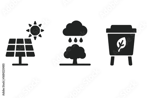 Sustainable park icons solid filled vector set with solar panel, rainwater harvesting, compost bin symbols for eco-friendly green environmental concepts
