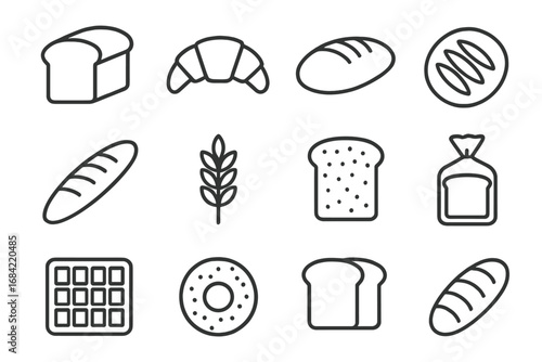 Bread and bakery thin line icon set. Vector illustration of baked goods like loaf, croissant, baguette, toast, waffle, bagel. Editable stroke for web, apps, ui, ux.